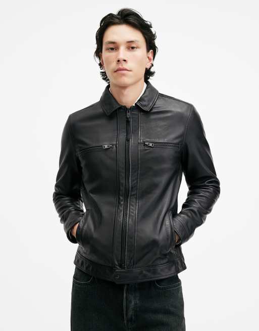 AllSaints Luck leather slim zip up jacket in black