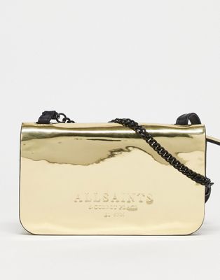 AllSaints Ludivine leather crossbody purse bag in metallic gold