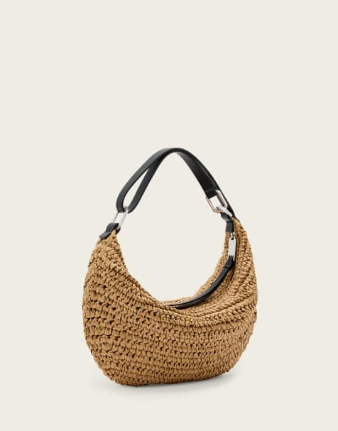 AllSaints – Luna – Beige, halvmåneformad väska i raffia - view 1