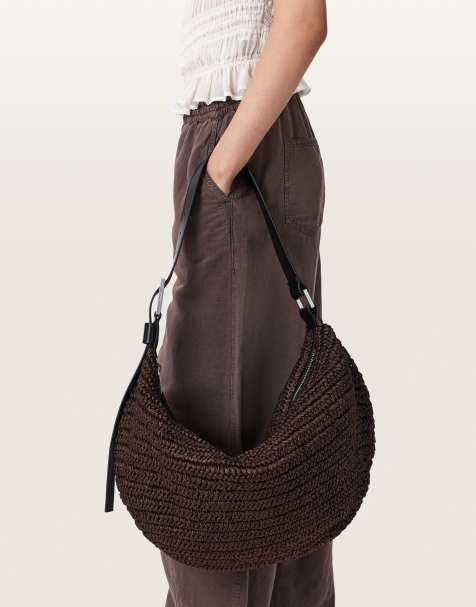 AllSaints - Luna - Brun skuldertaske i vævet raffia - view 1