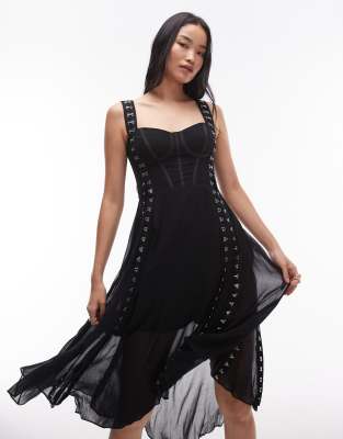 AllSaints Luna corset mesh midi dress in black