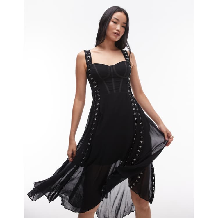 all saints black corset dress AllSaints Luna corset mesh midi dress in black