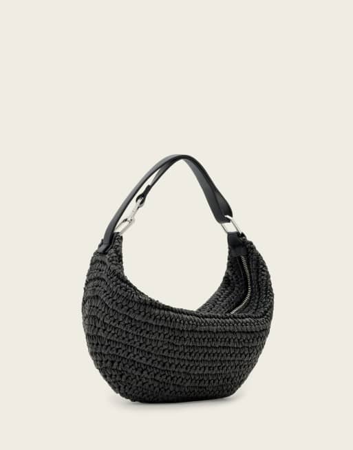 AllSaints luna crecent raffia bag in black, 4 of 4