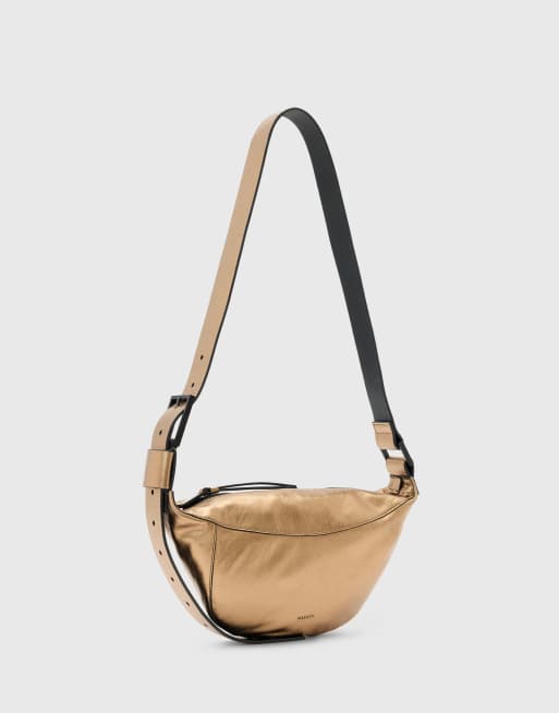 AllSaints Luna half moon leather crossbody bag in gold, 4 of 4