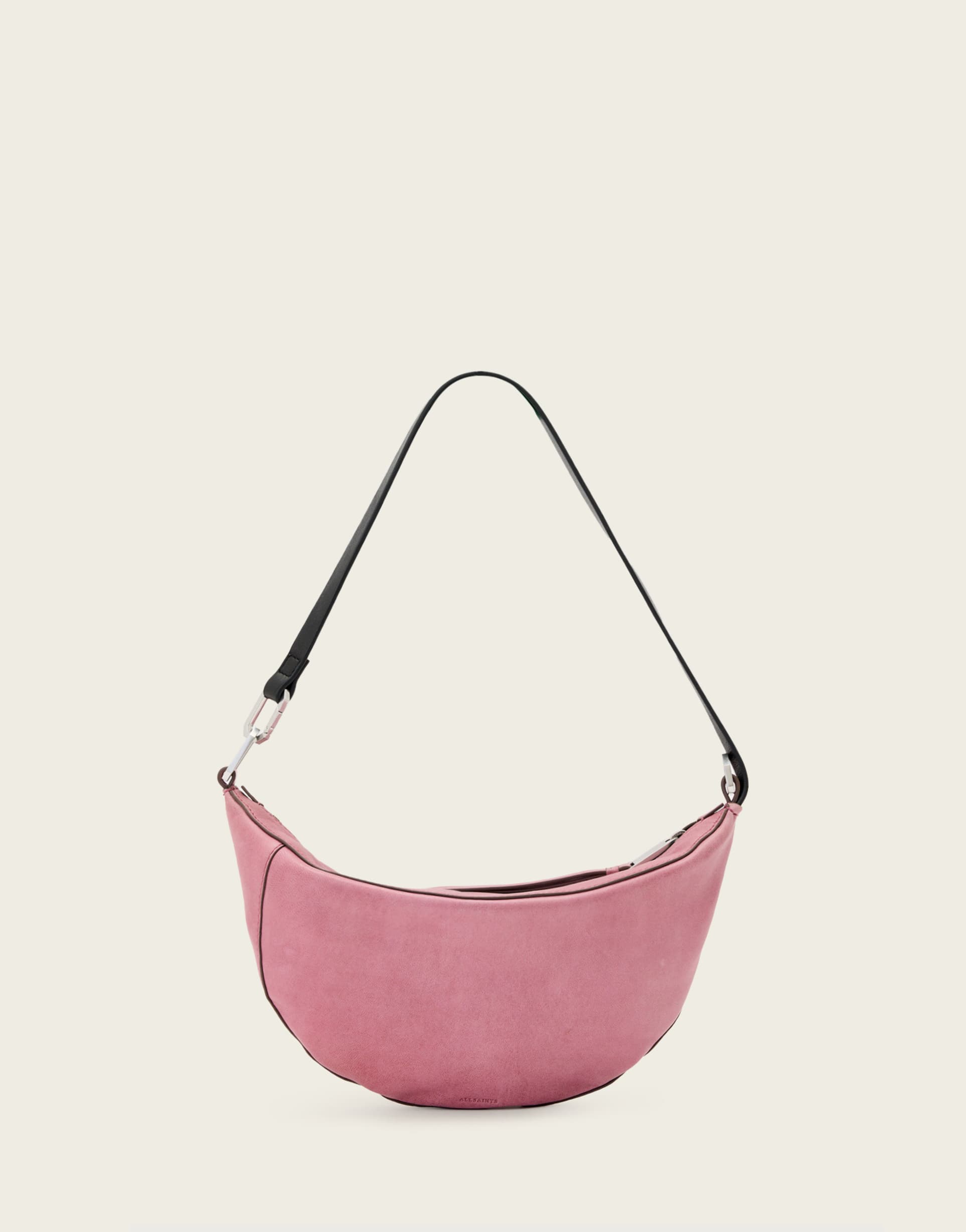 allsaints luna micro crescent leather purse in raspberry pink