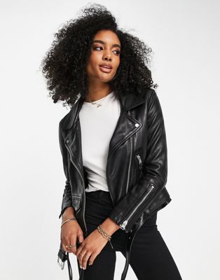 AllSaints Luna oversized leather biker jacket in black - ASOS Price Checker