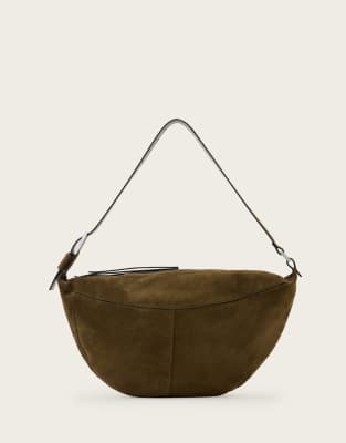 AllSaints - Luna - Schultertasche aus Wildleder in Olivgrün