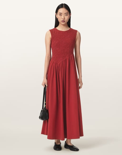 AllSaints - Luna - Vestido rojo de tejido rugoso, 3 de 6