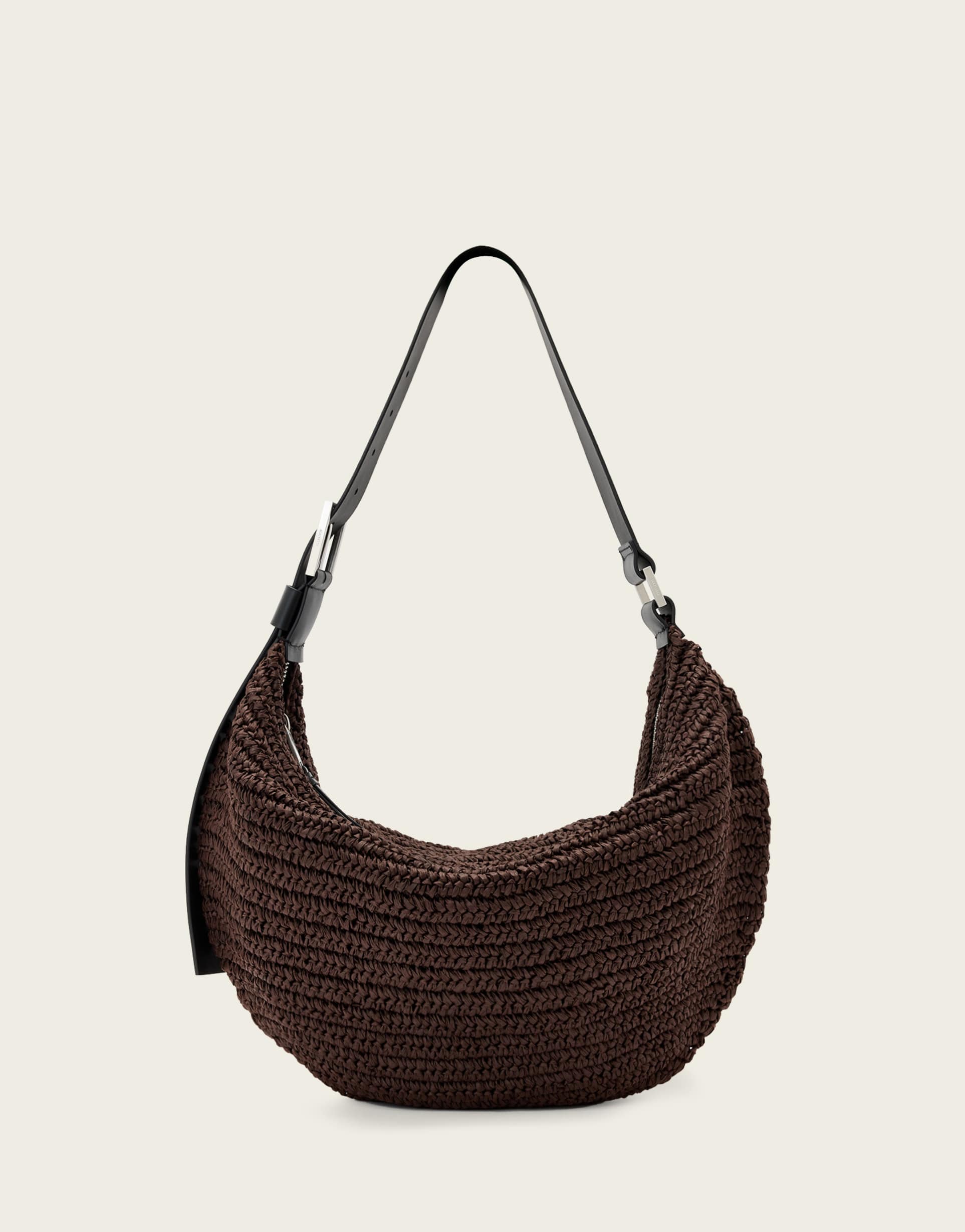 allsaints luna woven paper shoulder bag in brown
