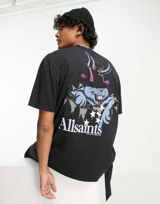 AllSaints - Lunar Rabbit - T-shirt met grafische print in zwart met wassing