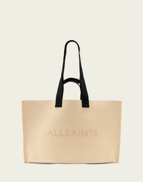 AllSaints Lutece knit logo tote bag in off white - view 1