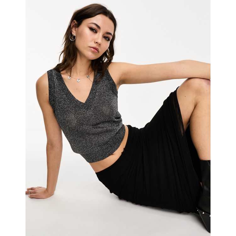 AllSaints Lyra Glitter knitted vest tank in silver