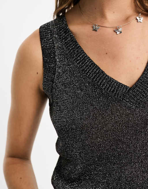 AllSaints Lyra Glitter knitted vest tank in silver