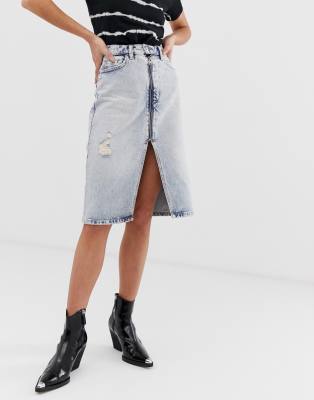 distressed denim midi skirt