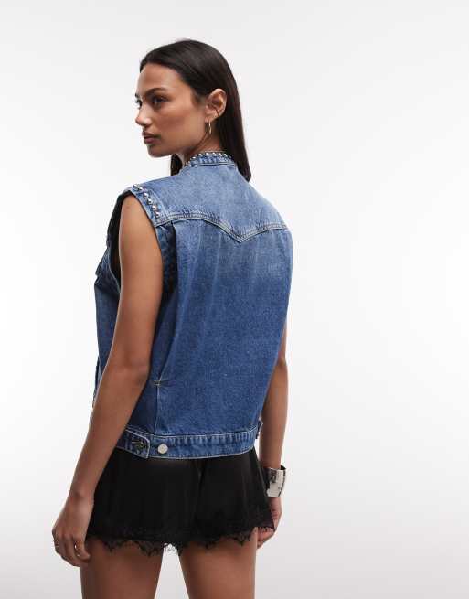 AllSaints – Mac – Blå, vintagetvättad, ärmlös kostymväst i denim med nitar, 3 av 4
