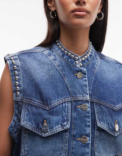 AllSaints – Mac – Blå, vintagetvättad, ärmlös kostymväst i denim med nitar, 4 av 4