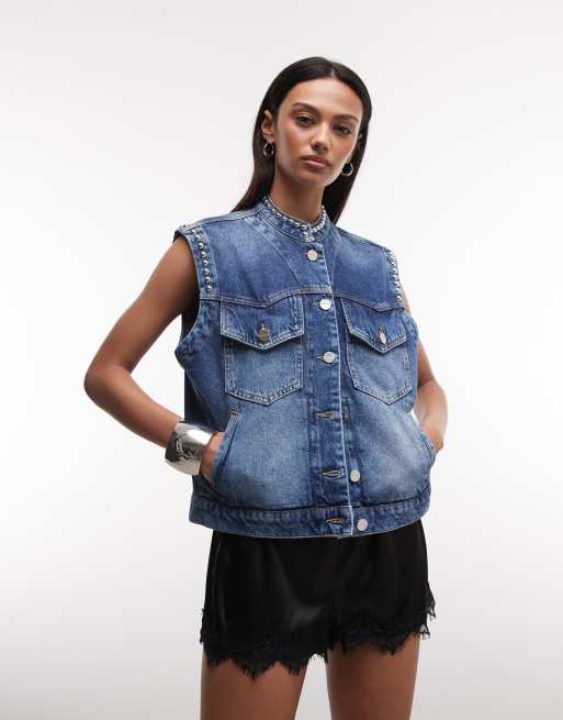 AllSaints - Mac - Ærmeløs denimvest med nitter i blå vintagevask