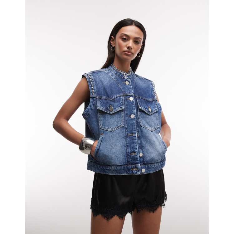 トップス euro used faded studs denim vest/gilet AllSaints Mac sleeveless stud detail denim waistcoat top in