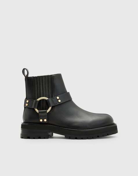 AllSaints – Maddie – Czarne botki typu biker ze złotobrązowymi detalami - view 1