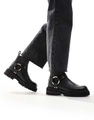 AllSaints Maddie leather harness biker boots in black ASOS