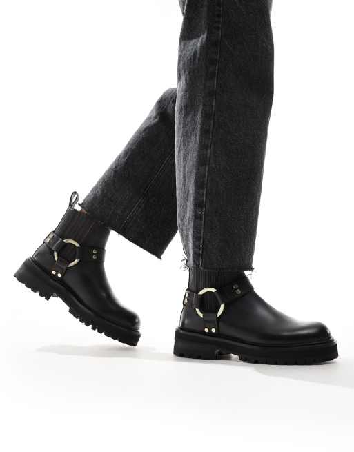 AllSaints - Maddie - Stivali da biker neri in pelle con imbracatura