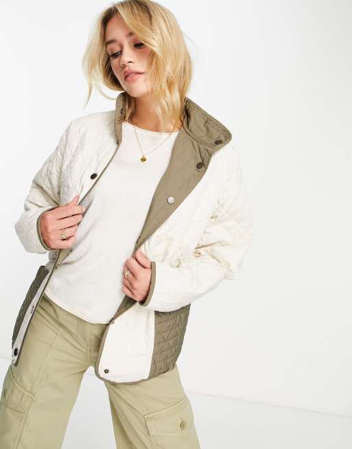 AllSaints – Madison – Vit och khakifärgad jacka i vändbar design