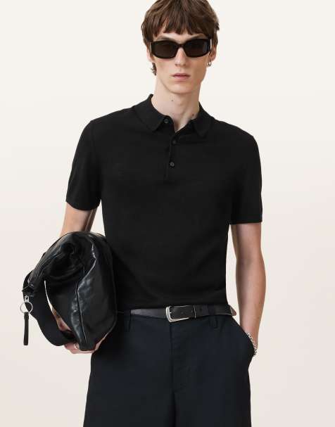 AllSaints - Maes - Pull à manches courtes et col polo en laine mérinos - Noir - view 1