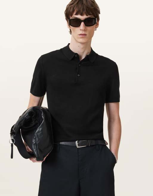 AllSaints - Maes - Pull à manches courtes et col polo en laine mérinos - Noir