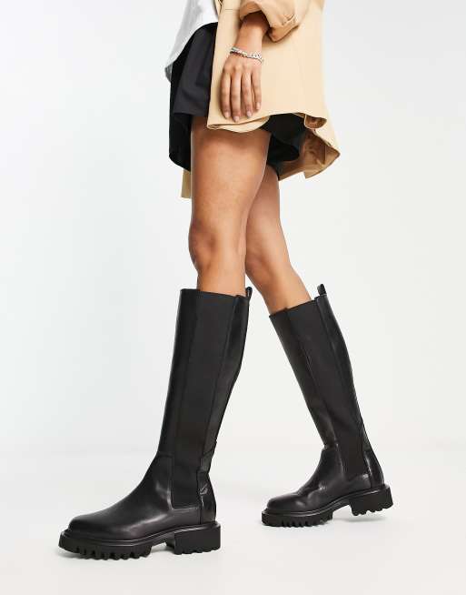 AllSaints Maeve leather pull on boots in black | ASOS