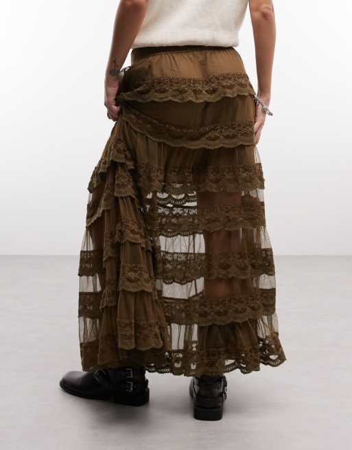 AllSaints Maggie lagdelt nederdel i mesh med flæser og blondedetalje i khaki, 5 af 5