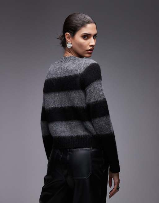 AllSaints - Maglione lavorato a righe grigie e nere, 4 di 4