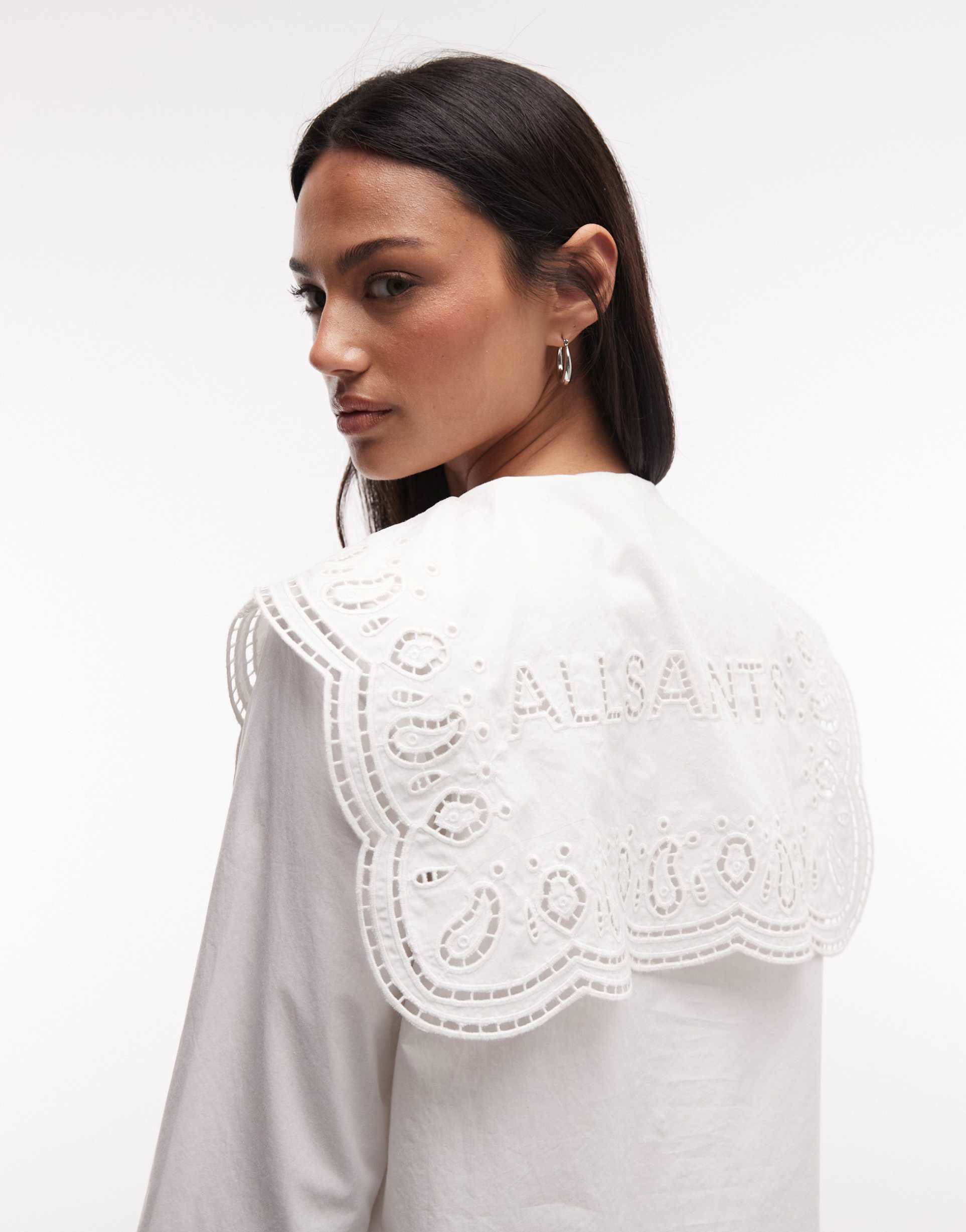 allsaints marie long sleeve broderie lace shirt in white