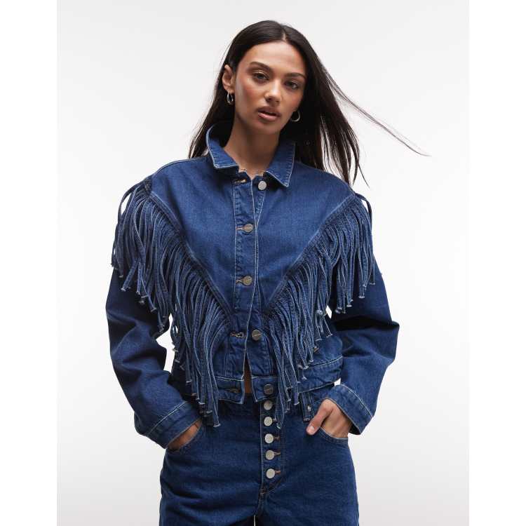 AllSaints Marlene co-ord western tassle denim jacket in dark wash