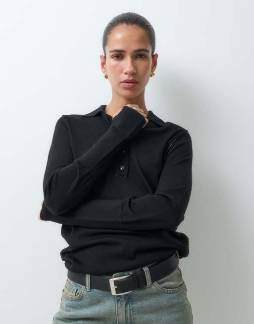 AllSaints Martel long sleeve merinowool knitted polo in martel polo in black, 3 of 5