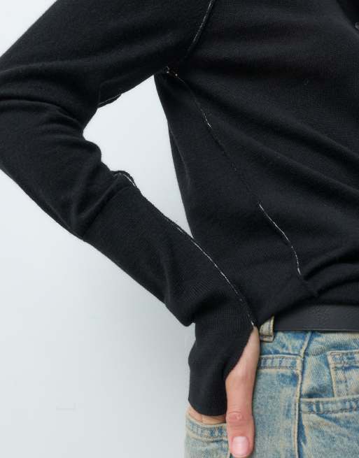 AllSaints Martel long sleeve merinowool knitted polo in martel polo in black, 4 of 5