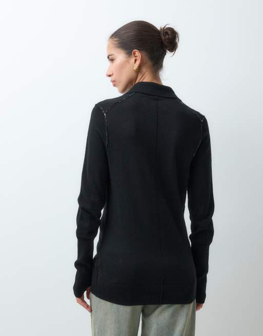 AllSaints Martel long sleeve merinowool knitted polo in martel polo in black, 5 of 5