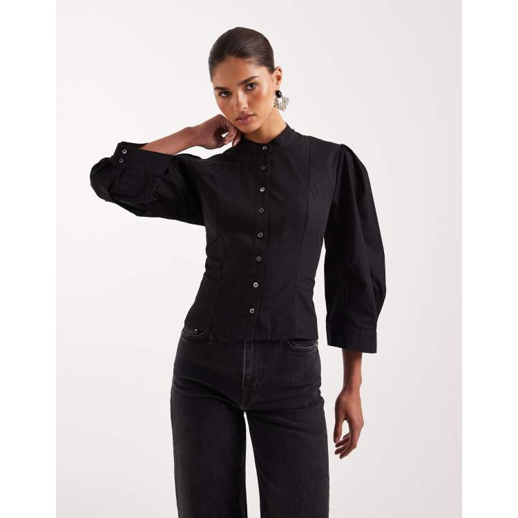 AllSaints maud lace up corset balloon sleeve shirt in black | ASOS