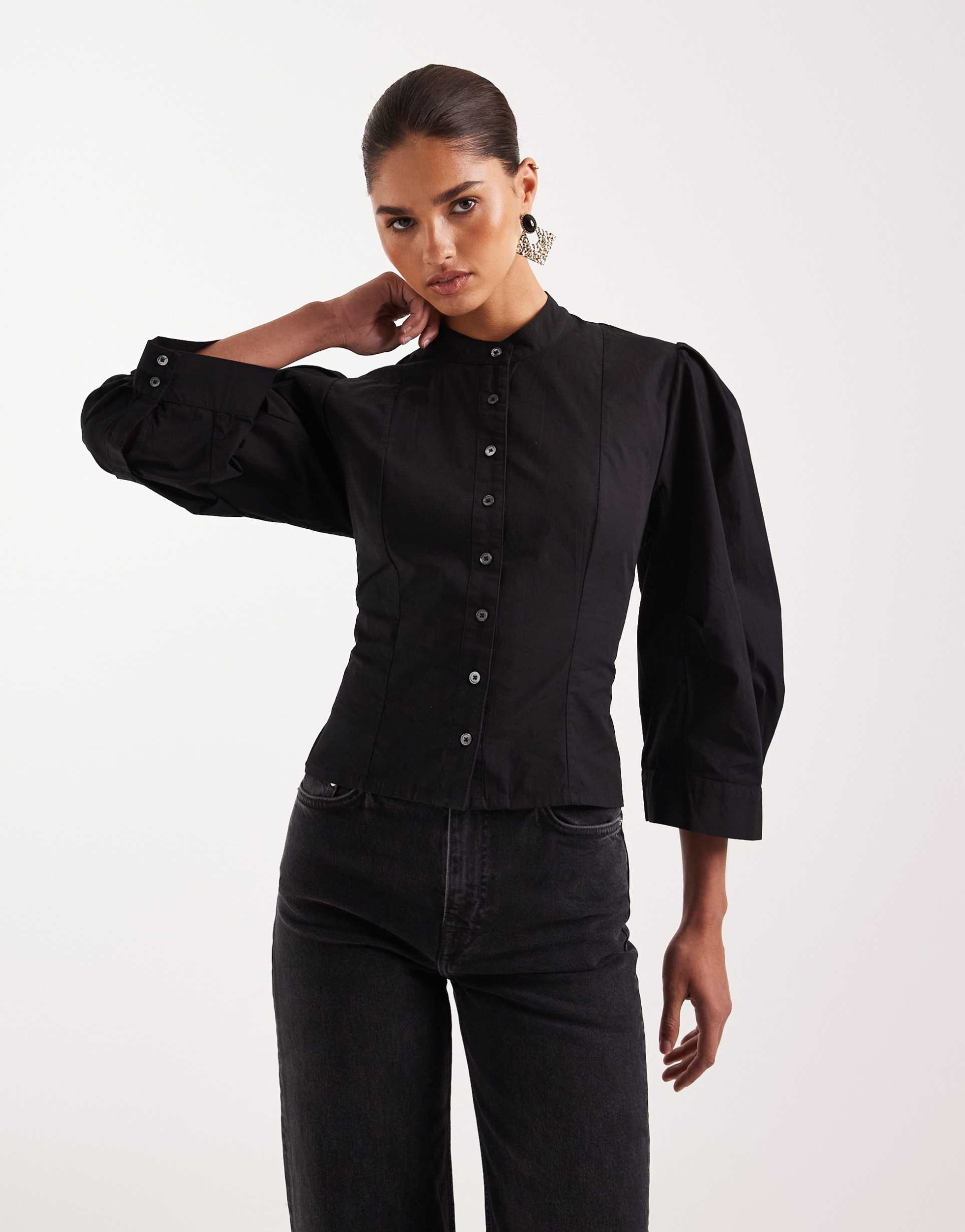 allsaints maud lace up corset balloon sleeve shirt in black