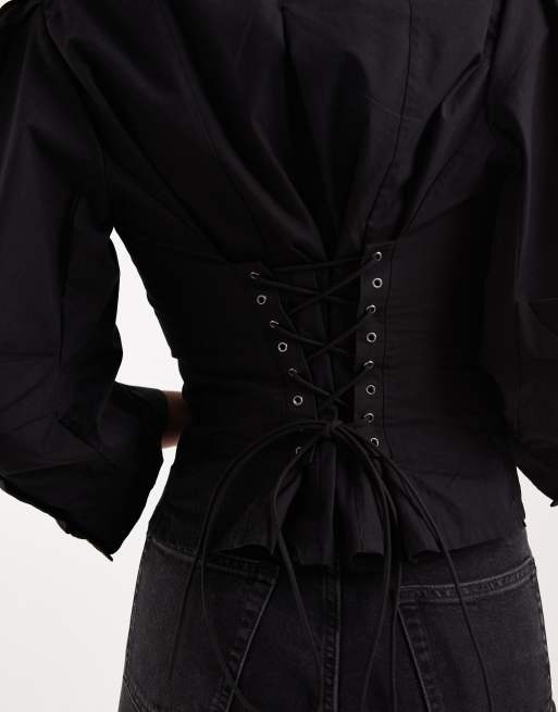 AllSaints Maud lace up corset balloon sleeve shirt in black, 3 of 4