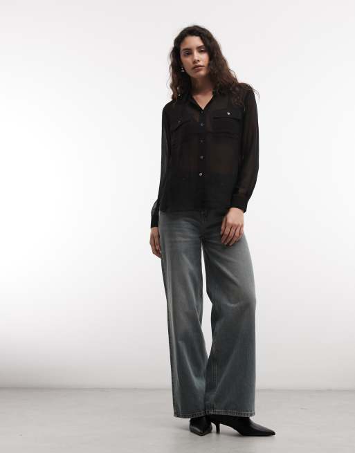AllSaints Maven langärmliges transparentes Hemd im Military-Style in Schwarz, 2 von 4