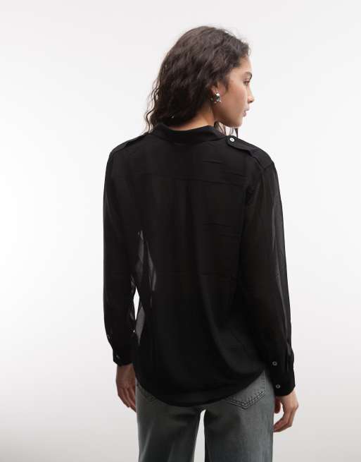 AllSaints Maven langärmliges transparentes Hemd im Military-Style in Schwarz, 3 von 4