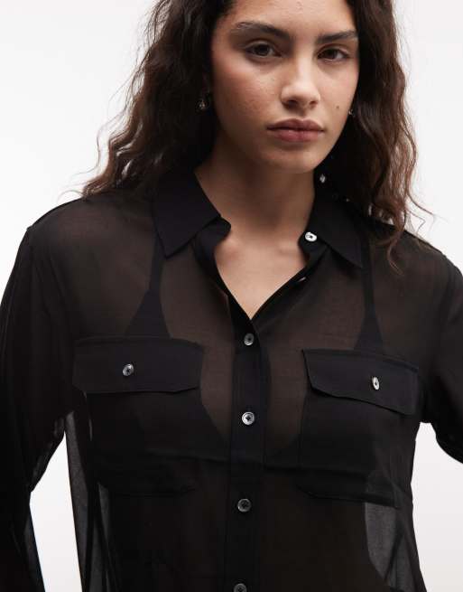AllSaints Maven langärmliges transparentes Hemd im Military-Style in Schwarz, 4 von 4