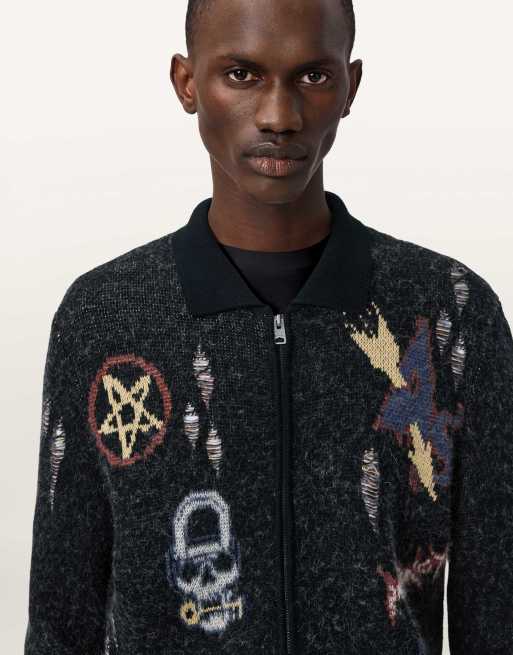 AllSaints - Meller - Cardigan nero in maglia ricamata con zip, 2 di 4