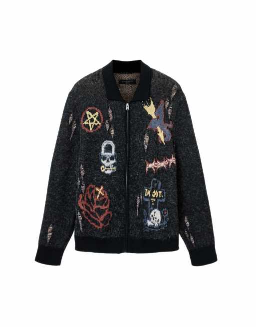 AllSaints - Meller - Cardigan nero in maglia ricamata con zip, 3 di 4