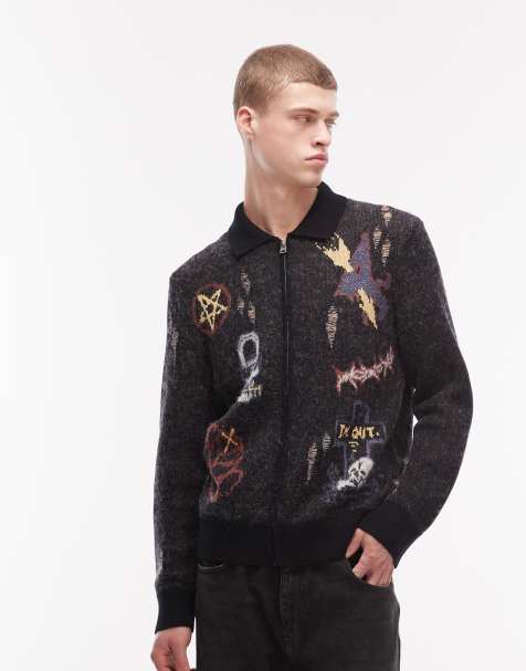 AllSaints Meller zip through embroidered knit cardigan in black - view 1