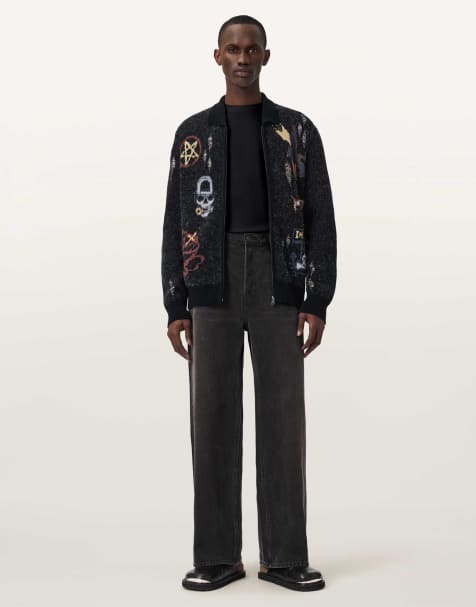 AllSaints Meller zip through embroidered knit cardigan in black