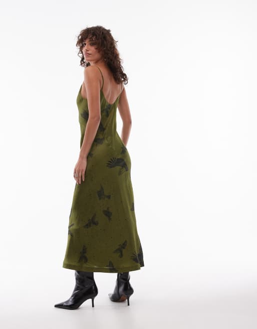 AllSaints Melody satin maxi dress in green | ASOS