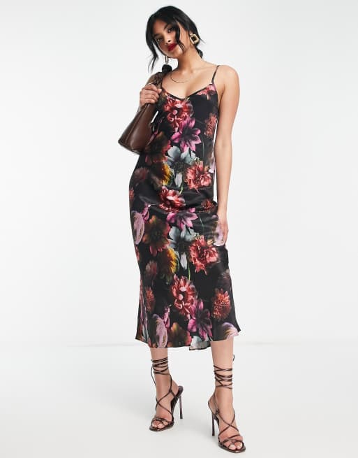 Black floral hot sale satin dress