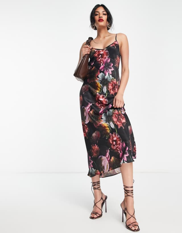 AllSaints Melody satin slip midi dress in black floral