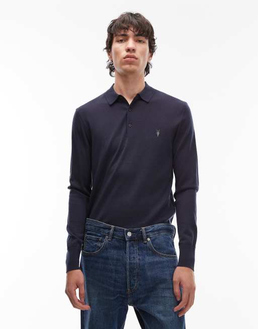 AllSaints merino-blend knitted long sleeve logo polo in blue 